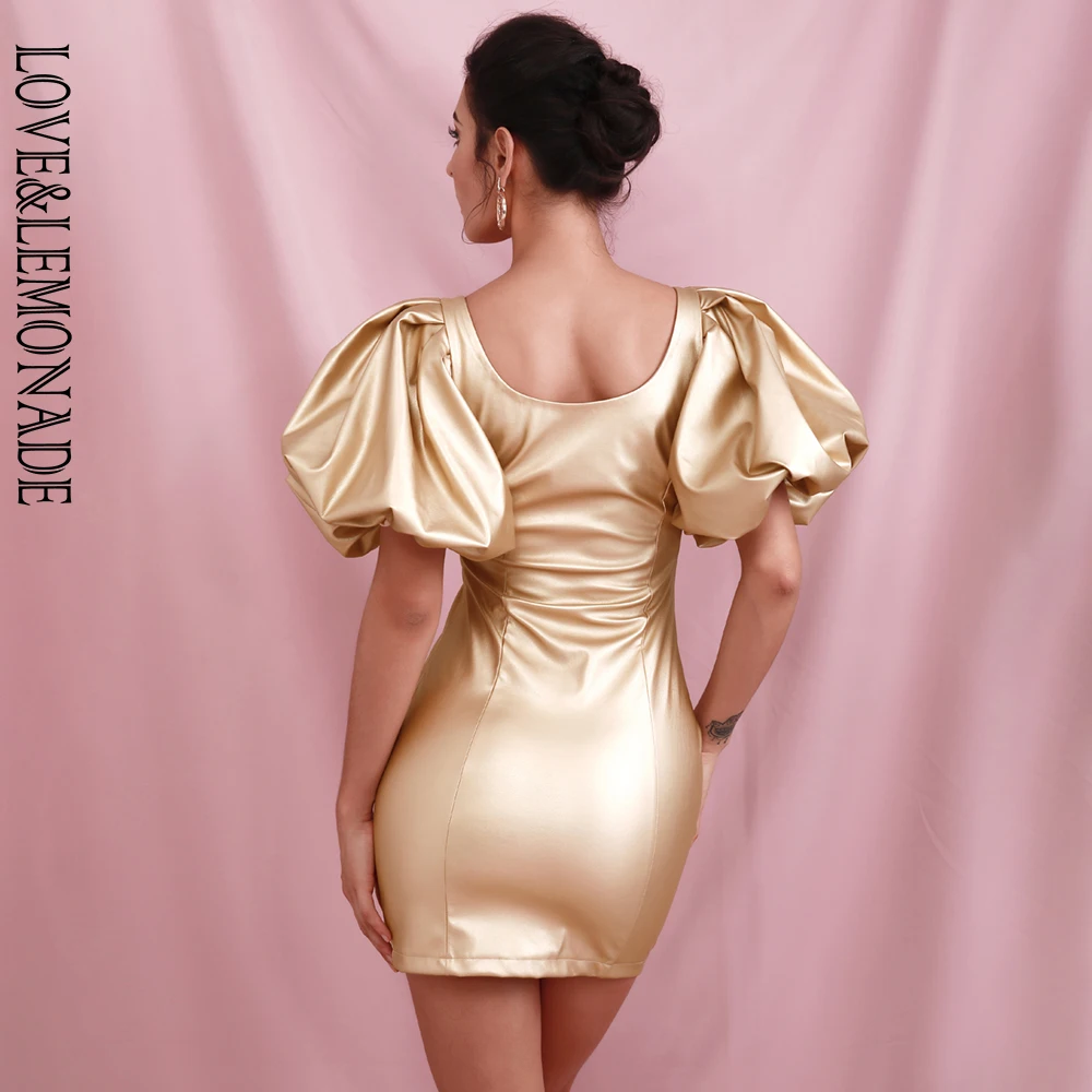 Женское мини платье на молнии LOVE & LEMONADE золотистое облегающее из эластичной