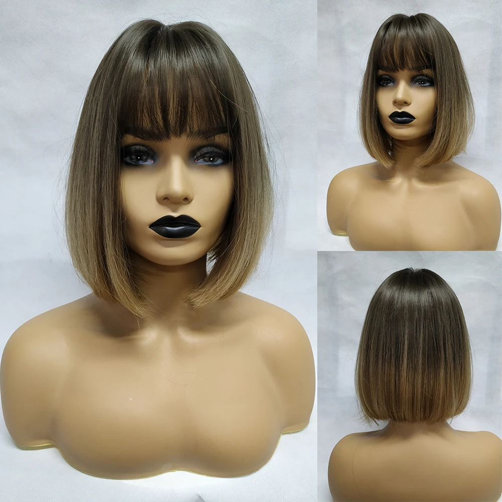 Inhair Cube 12 &quotБоб парики Выделите темно коричневый корень центр пробор волнистые