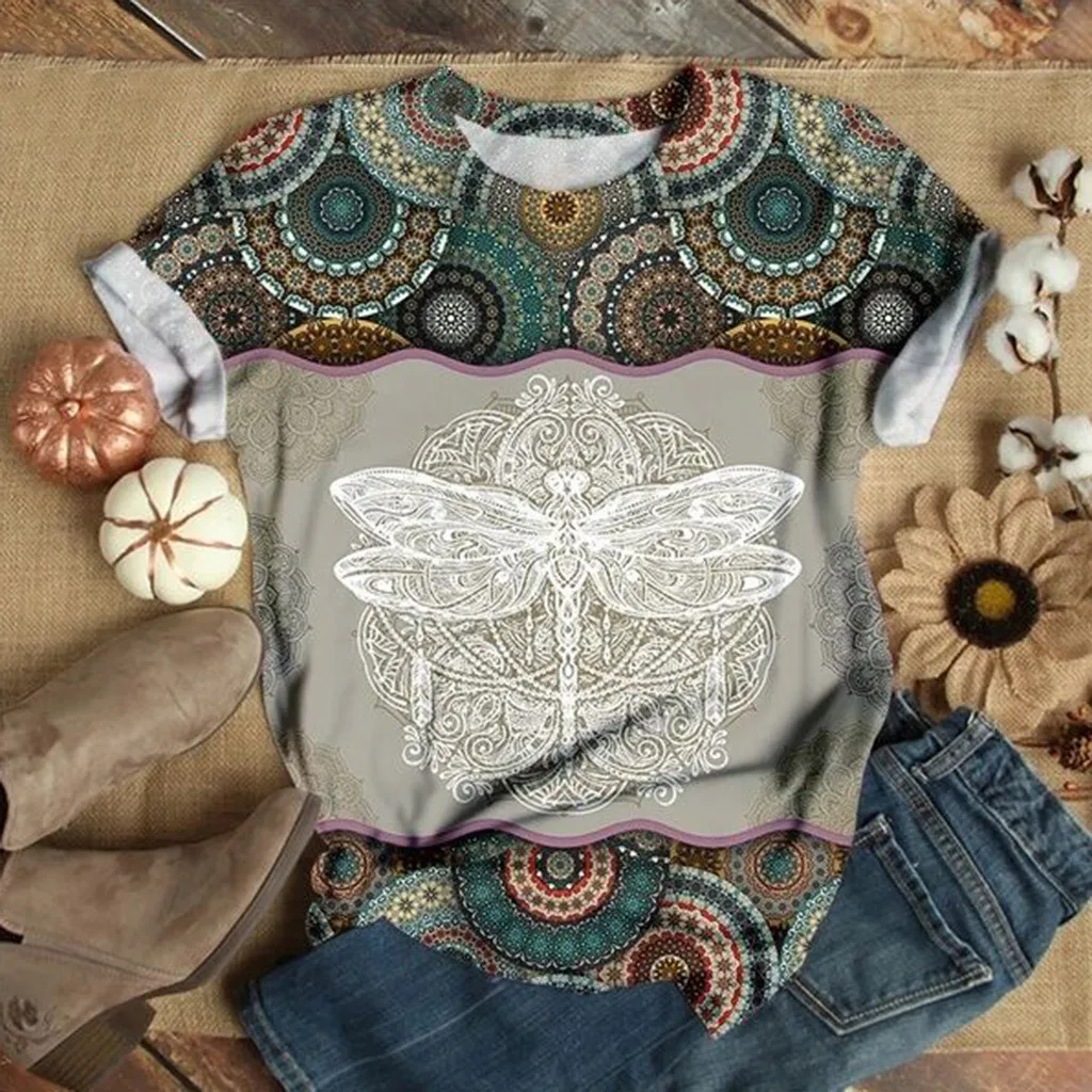 Женские футболки 35 # размера плюс с коротким рукавом и круглым вырезом 3D рисунком