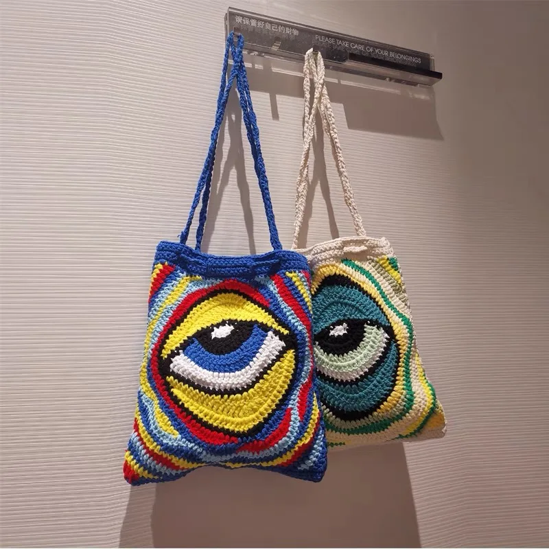 

Hand-knitted Design Evil Eye Bag Handmade Crochet Vintage Artistic Shoulder Bag,Characteristic Shopping Bag