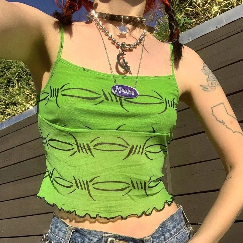 

2021 New Sexy Tight Summer Graffiti Print Ruffles Sling Fashion Exposed Navel Vest