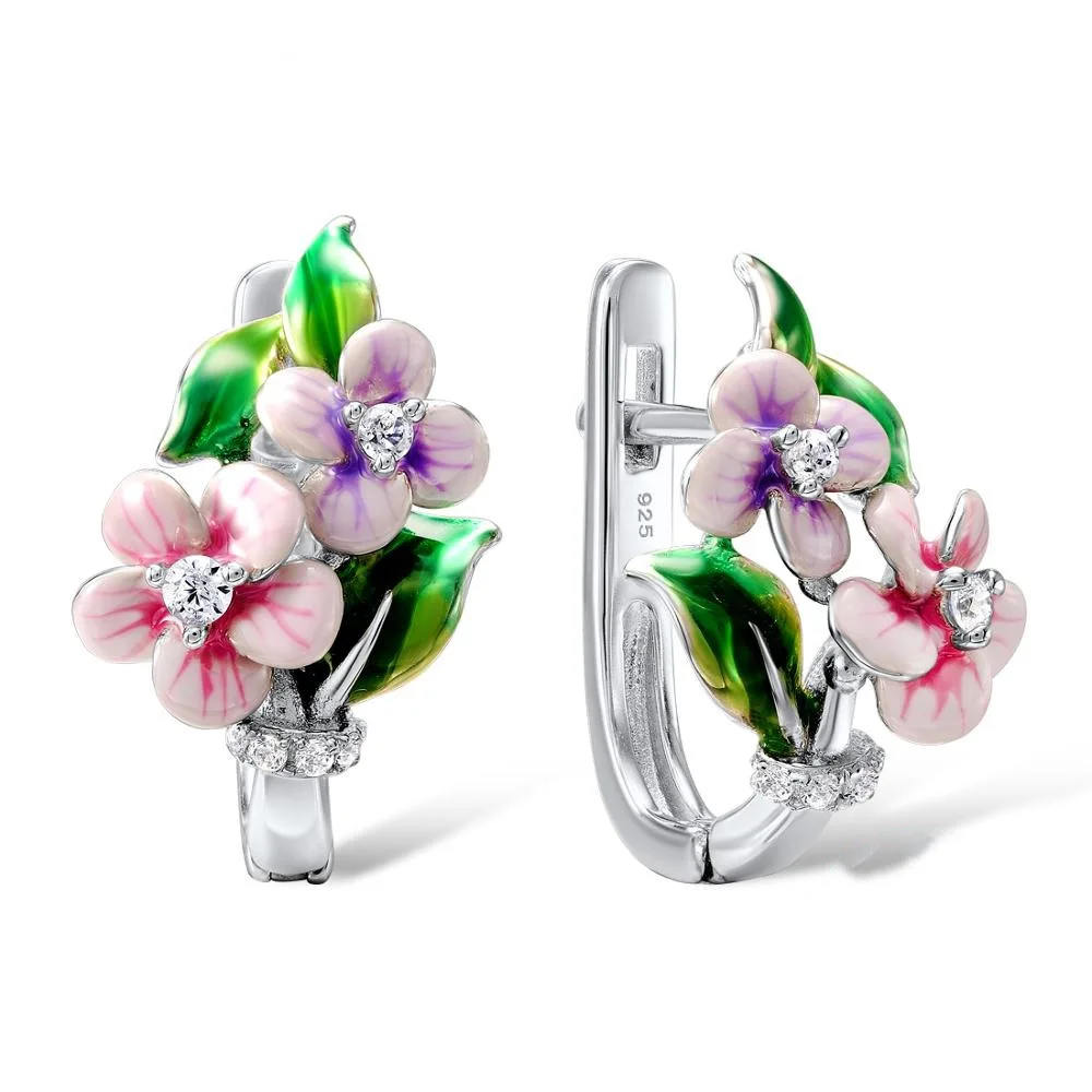 

Luxury Gorgeous Flower Blossom Silver Plated Earrings Elegant Temperament Handmade Enamel Charm Wedding Party Earrings