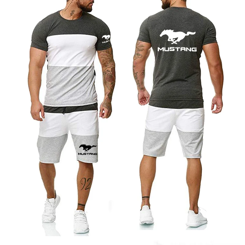 

Unisex New Mens Short sleeve Mustang car Logo Summer Mens T-Shirt Harajuku Colorblock Cotton Men T-shirt+pants suit 2pcs