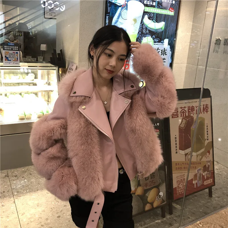 

FstFshion 2020 New Whole Leather Short Fox Fur Grass Women's Splicing Sheepskin Fur Coat Coat Motorcycle S-XL