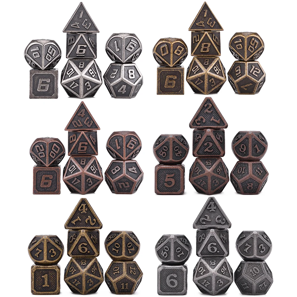 Многогранные металлические игральные кости набор из 7 предметов с черной сумкой