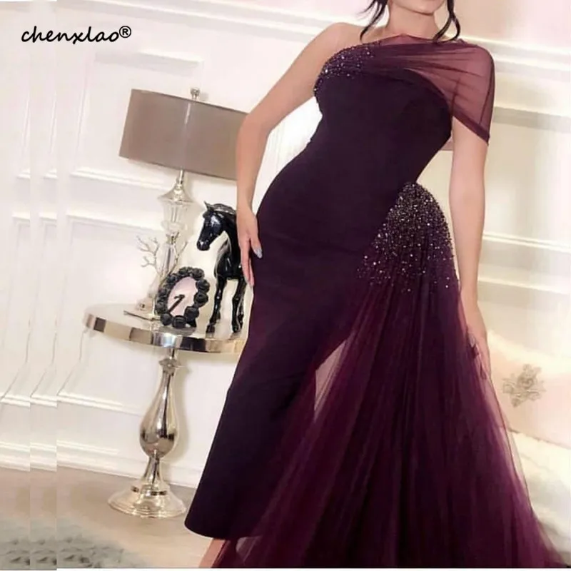 

New Arrival One shoulder Tulle Black evening dress Dubai muslim dress evening Party gowns Robe de soiree abendkleider