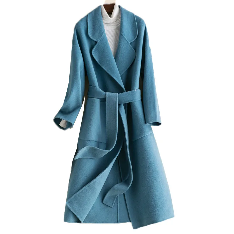 

High Quality Woolen Coat Fashion Double-sided Cashmere Ladies Jacket 2020 New Autumn And Winter Long Coat Outwear With Belt W24