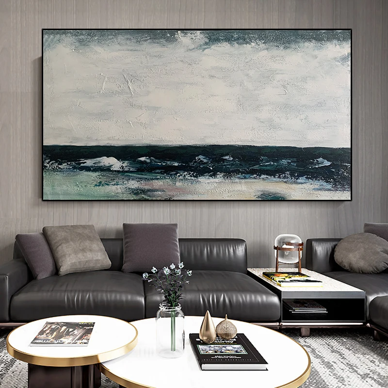 

Hand-Painted Oil Painting Abstract Clouds and Sea Black And White Gray Wabi-Sabi Wall Hang Art Living Room Decoration No Framed