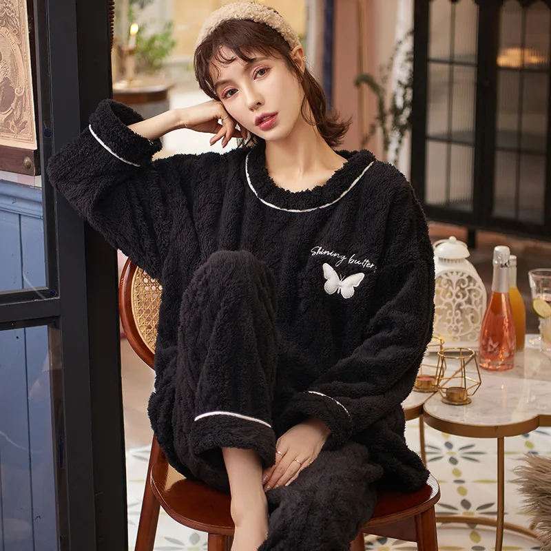 Women Autumn Winter Plush Pajamas Korean Thicken Coral Fleece Plus Size Cartoon Sleepwear Cute Square Collar Home Service Suit