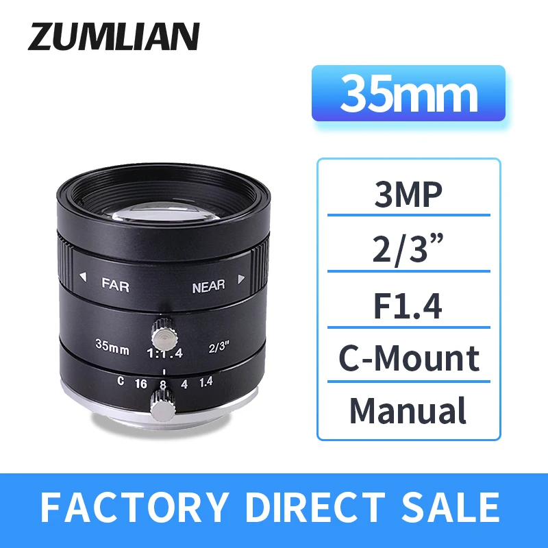 

ZUMLIAN 3MP 35mm F1.4 Large Aperture C-Mount 3Megapixel Machine Vision Manual Iris FA Lens for Industrial Camera Low Distortion