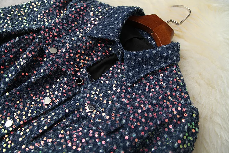 

European and American women's clothing spring 2021 new Three-quarter sleeve lapels sequined fashion denim dress