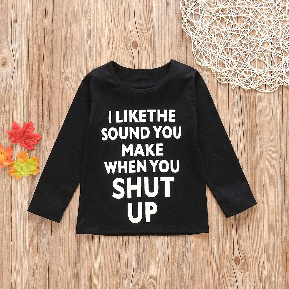 

Autumn Boys Girls Letter Print T-shirt Baby Kids Long Sleeve Black Tshirt Children's Casual Tops Clothing Shirts for Boys Girls