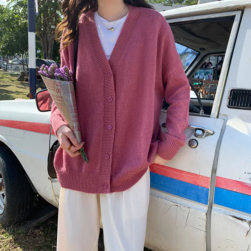 

5 цветов 2021 Осень корейский стиль V-образный вырез тонкие трикотажные свитера кардиганы женские свитера кардиганы Женская верхняя одежда па...