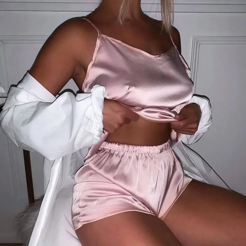 

Muyogrt Women Summer Sleepwear Sexy Pajamas Set Solid Adjustable Strap Cami Top Shorts Satin Pajama Loose Female Nightwear Suit