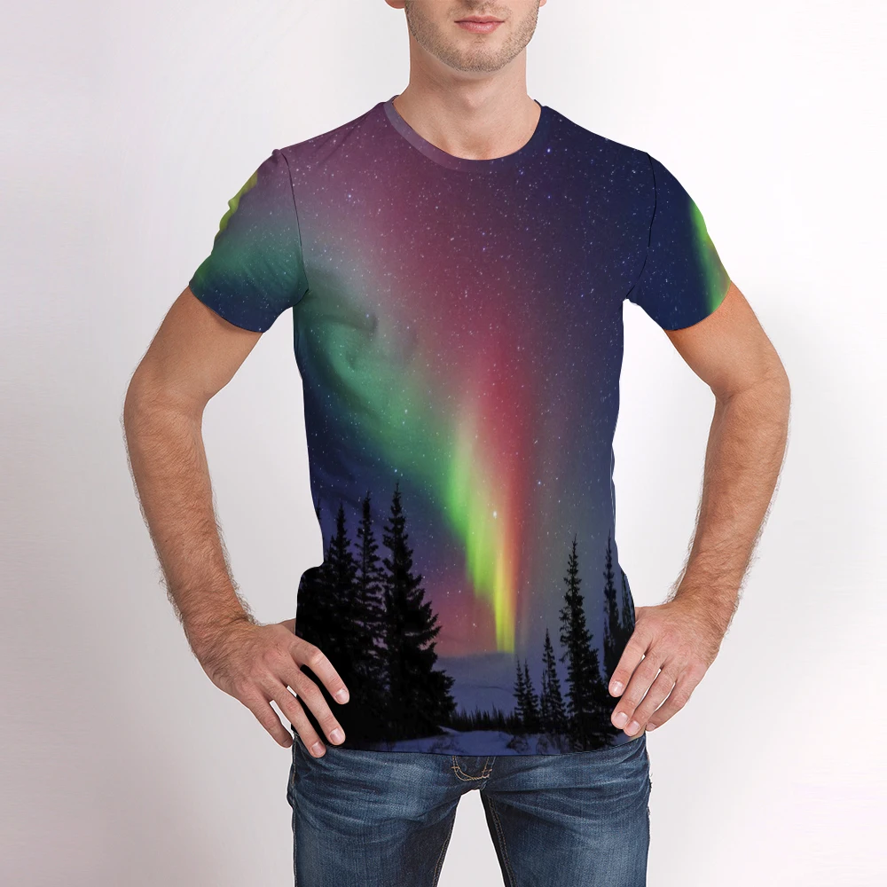

Мужская свободная футболка с коротким рукавом, Повседневная модная футболка с принтом полярных огней, уличная одежда, лето 2021