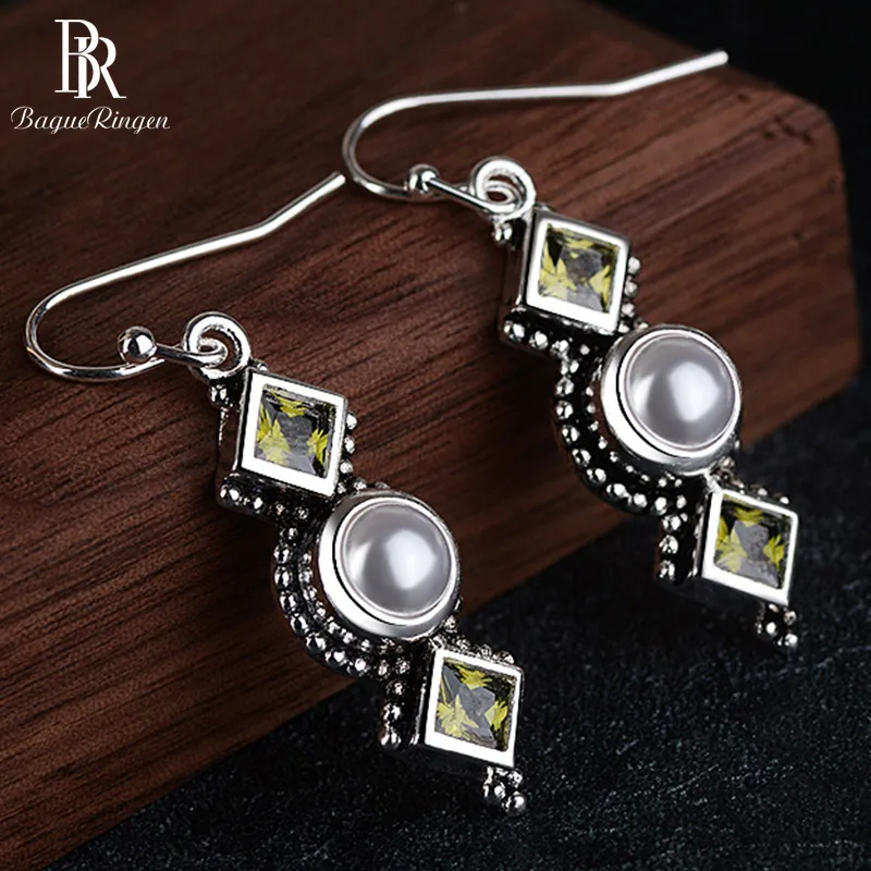 Bague Ringen, Ретро стиль, тайское серебро, 925 ювелирные изделия, жемчужные серьги для женщин, квадратные, оливковый, зеленый циркон, длинные серьги, подарок на помолвку