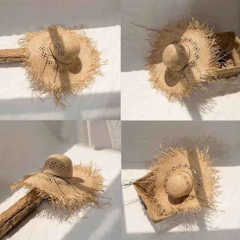 

Women Straw Sun Hat Big Brim Floppy Fringe Hollow Sunscreen Bucket Cap