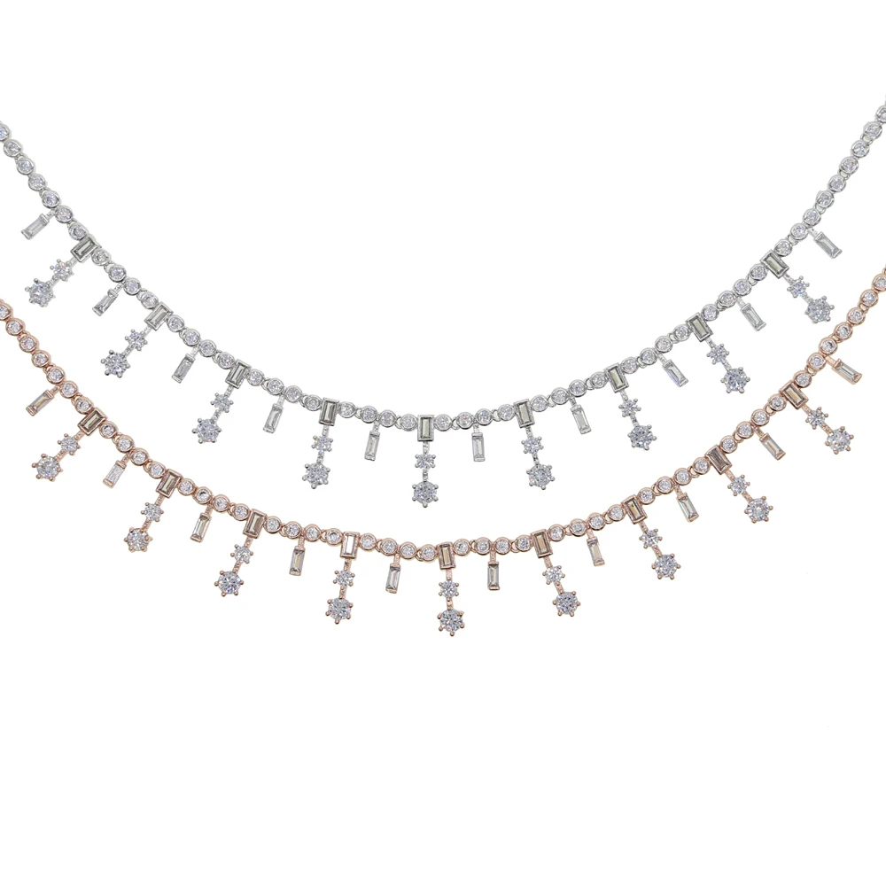 

Luxury cz tennis chain choker necklace with baguette cz paved flower choker statement necklace rose gold color wedding jewelry