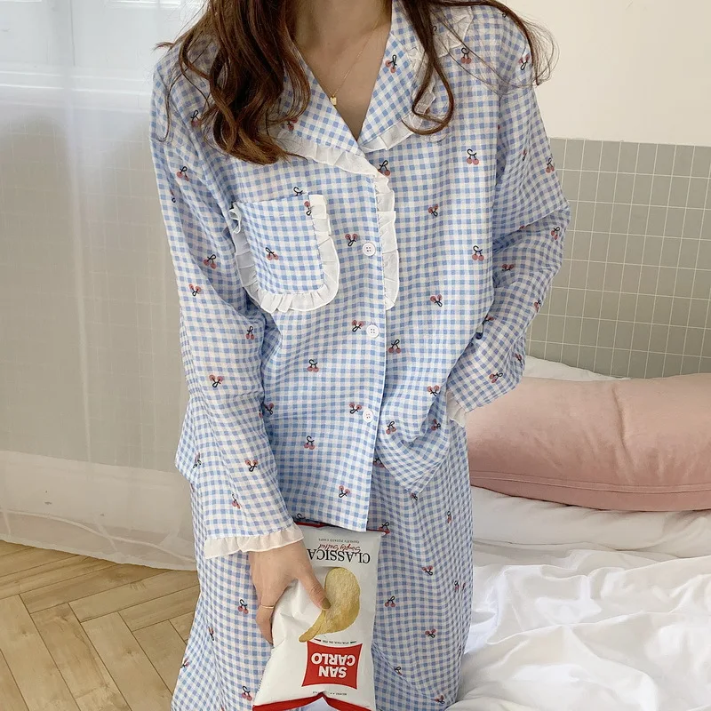CAIYIER Autumn Winter New Women Pajamas Suit Korea Girl Sweet Lace Cherry Grid Printing Long Sleeve Sleepwear Leisure Trousers