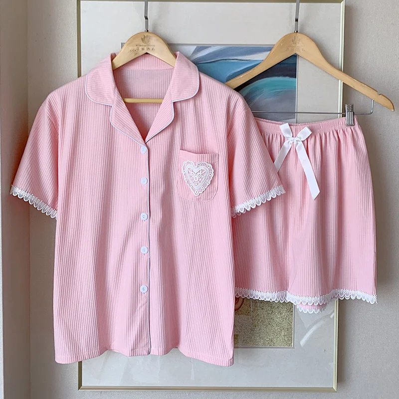 

Women's Love Lace Pajamas Summer Cardigan Thin Student Short-Sleeved Cotton Suit Cute Sweet Spring and Autumn Homewear