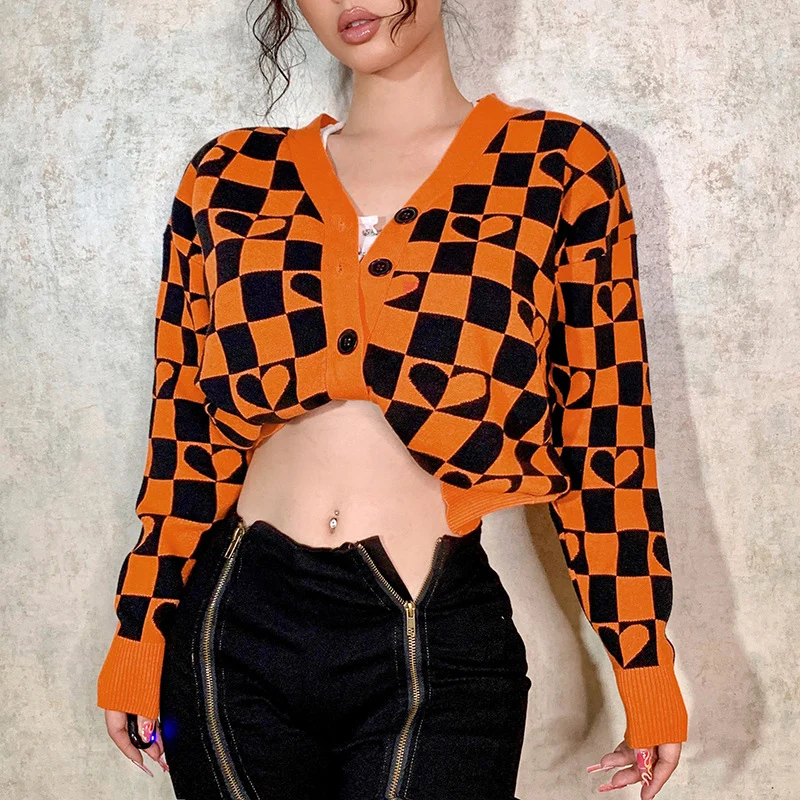 

Women's sweater Plaid Embroidery Cardigan y2k Long sleeve Blouse Sexy Heart Splice Button Coat Winter Cute Cardigan for women