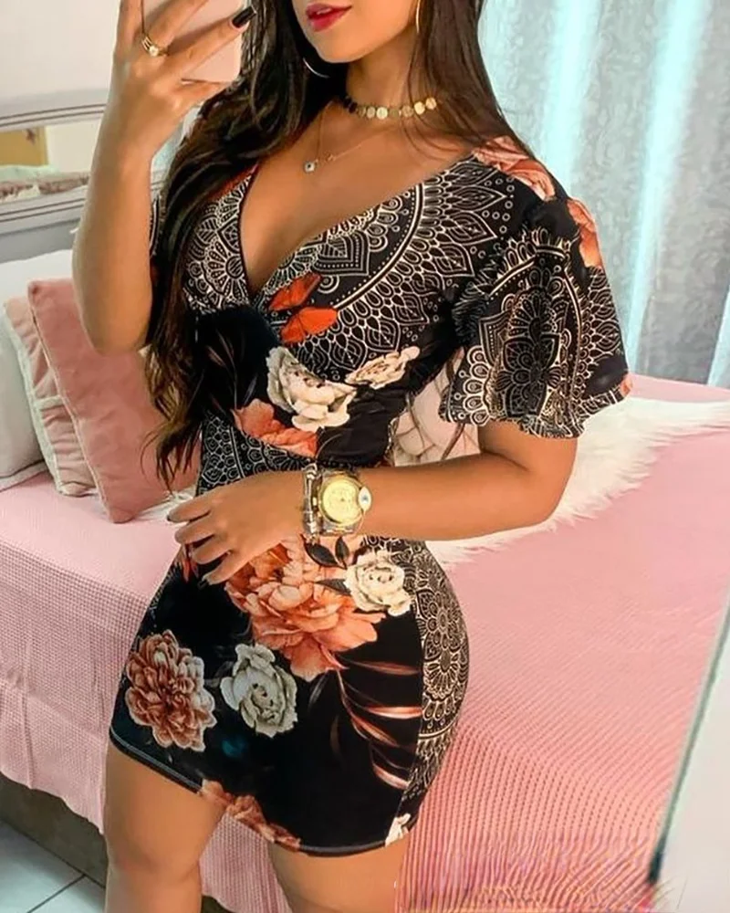 

Ruffles Sleeve Floral Print Bodycon Dress