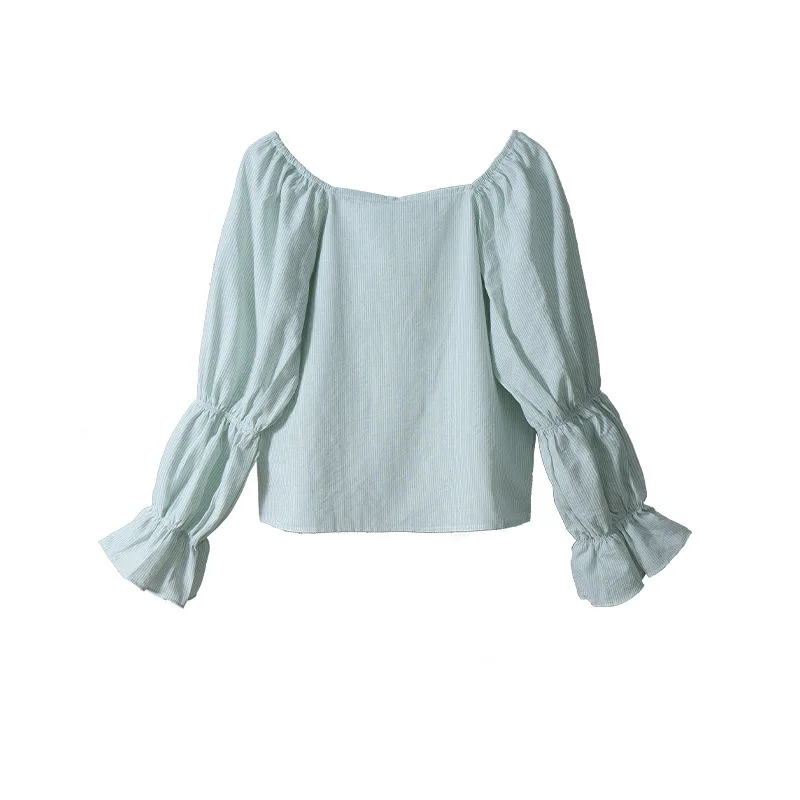 

Women Spring Autumn Pink Slim Square Collar Butterfly Sleeve Shirt Female Sweet Solid Color Blouses Ladies Casual Tops ZM484