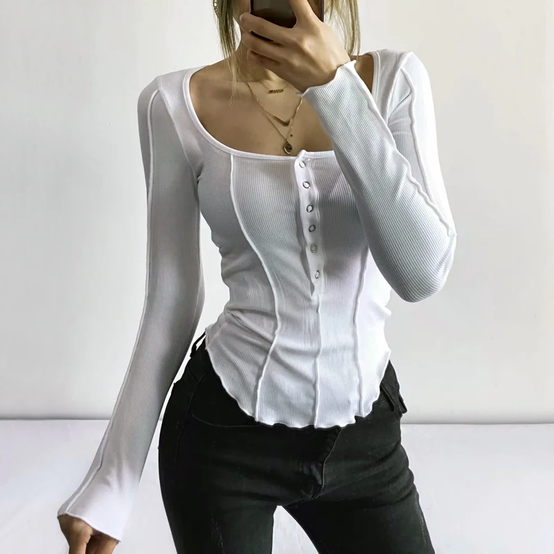 Camiseta de manga larga para mujer, Top corto con cuello en U, camiseta negra con botones, camiseta Sexy Chic de otoño, ropa blanca y gris