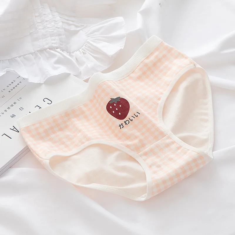 

New Lattice Strawberry Fruit Print Girls Underwear Women's Mid-waist Panties Briefs Women Pure Cotton Lingeries