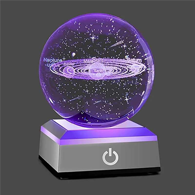 

8cm K9 Crystal Solar System Planet Globe 3D Laser Engraved Sun System Ball with Touch Switch LED Light Base Astronomy Gifts