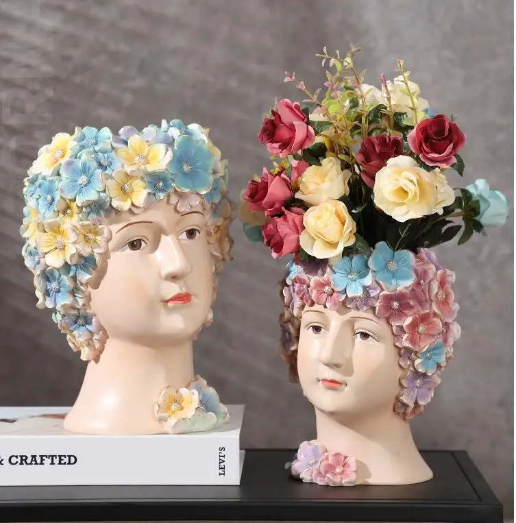 

Nordic Flower Head Girl Portrait Vase Resin Statues Home Livingroom Desktop Figurines Crafts Hotel Table Accessories Decoration