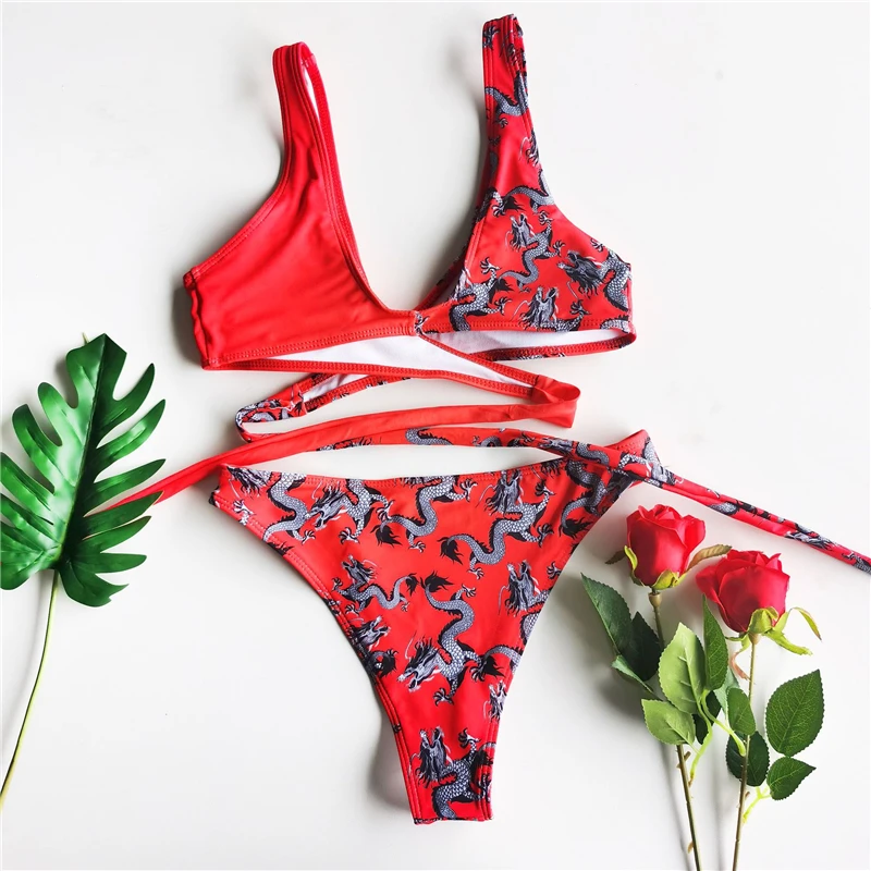 

Women's swimsuit 2020 Sexy Print Bandage Bikini Two piece Swimwear Summer Biquini Female Beach Swimming Bathing Suits Bikini Set