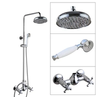 polished chrome brass dual cross handles wall mounted bathroom 8 round rain shower head faucet set bath mixer taps mcy302