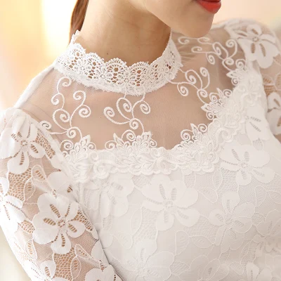 Elegant long-sleeved beaded women's lace shirt crochet shirt mesh shirt women's clothing S-5XL - Цвет: white