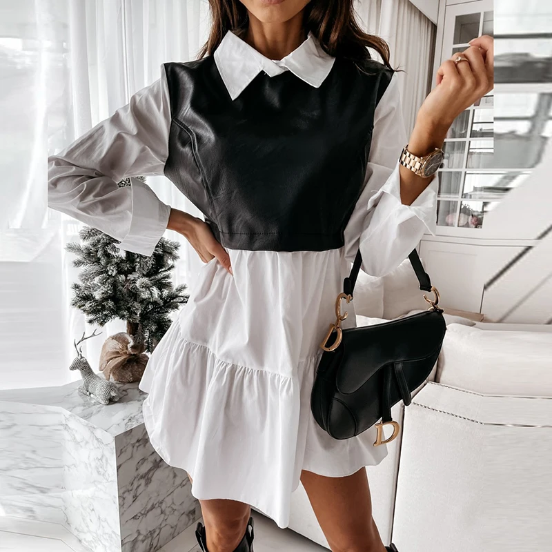 

Women Plaid Dress Spring Fashion Long Sleeve PU Leather Patchwork Shirt Dress Turn-down Collar Office Lady Mini Dress Vestidos