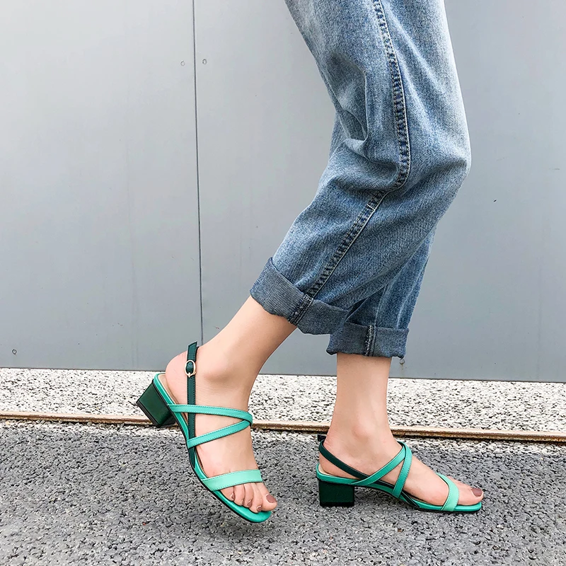 New women sandals genuine leather thick high heels sandals woman mixed colors cross buckle ladies dress party shoes
