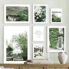 Настенная Картина на холсте с изображением гор, озера, лодки, зеленых листьев, дерева, цветов, природы, плакаты и принты, настенные картины для декора гостиной