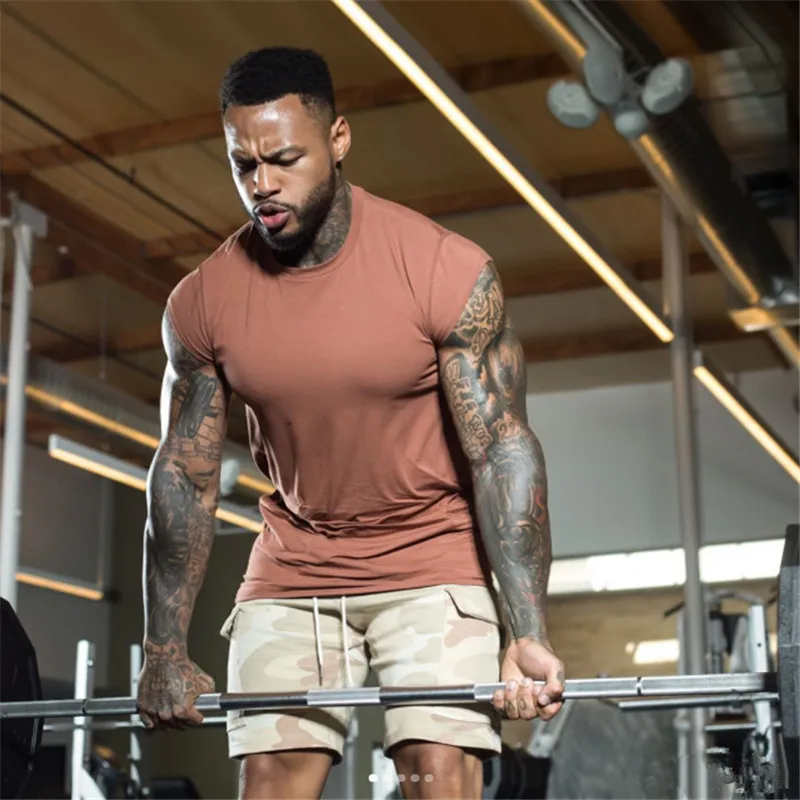 Футболка мужская для фитнеса хлопковая дышащая эластичная модная с коротким