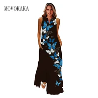 movokaka spring summer black dress casual beach holiday sleeveless butterfly print dresses party elegant loose maxi dress women