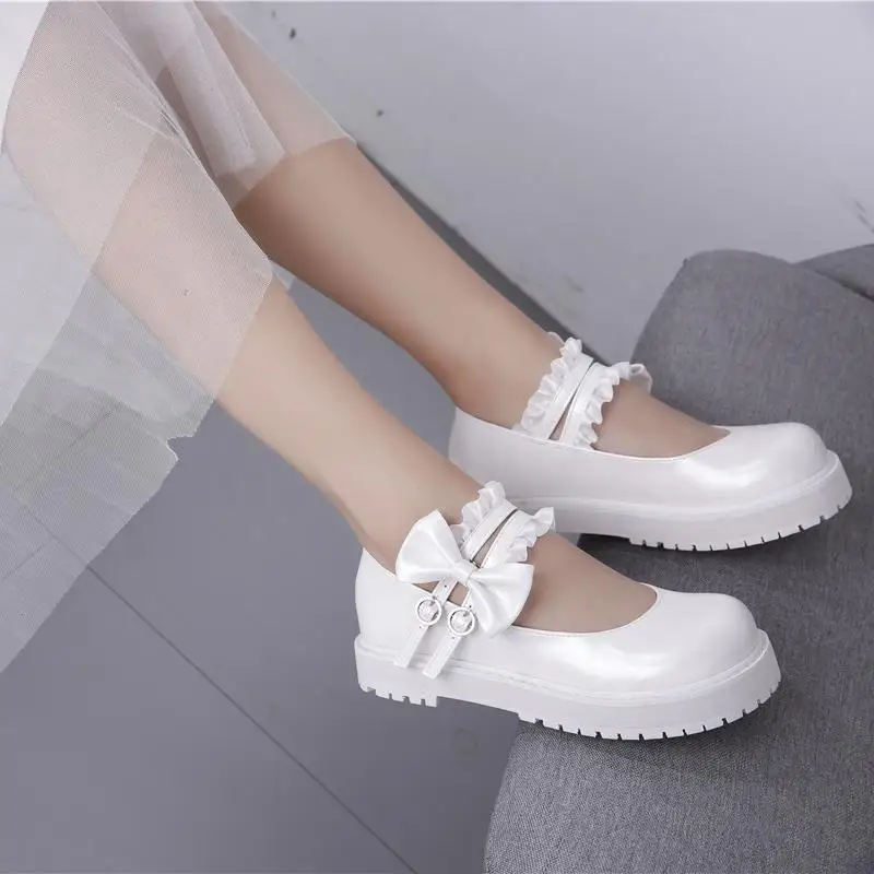 Ulzzang/сезон осень; обувь в стиле «Лолита» в стиле Харадзюку; обувь с кружевным бантом; кожаная обувь в японском стиле; обувь в Корейском стиле; модная Милая женская обувь - Цвет: Белый