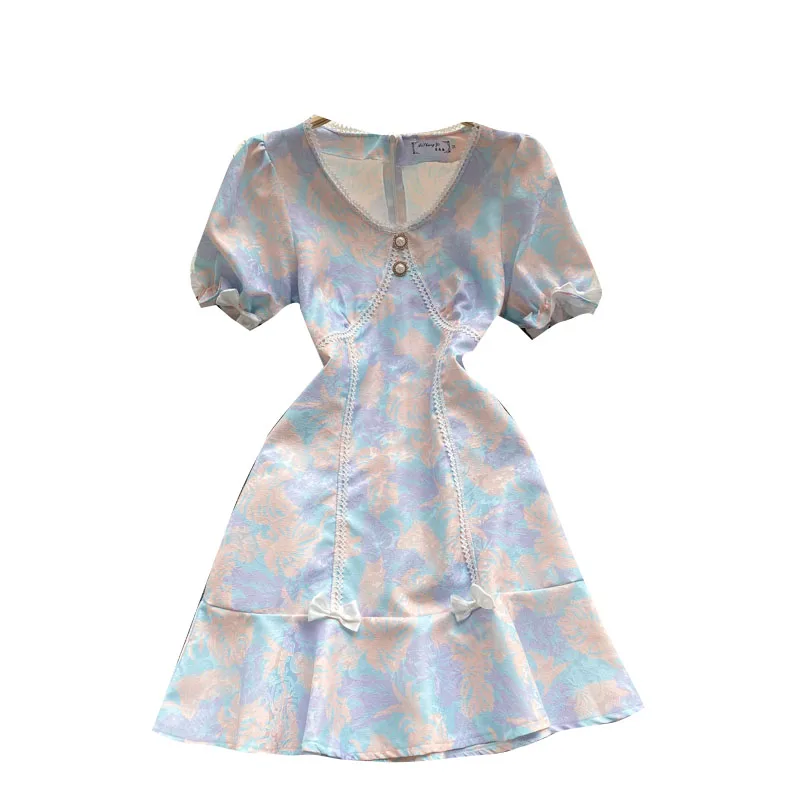 

Kimutomo Court Style Lace Printed Dress Women's V-neck Bow Bubble Sleeve Slim Button Elegant Short Dresses Summer Korean Chic