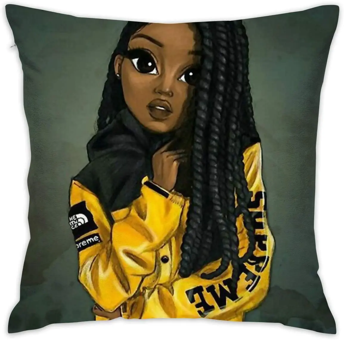

Velvet Black Girl Pillow Cover African American Girl Wearing Yellow Jacket Black Art Deco 18x18 Inch Cushion Cover With Zipper