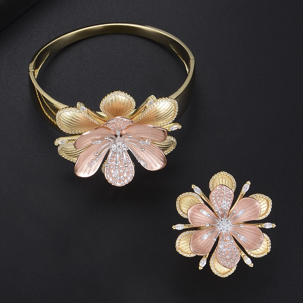 

LARRAURI 2PCS New Luxury Three Tones Cubic Zirconia Bangle Flower Inlaid Bridal Wedding Bracelet Ring For Women Jewelry Sets