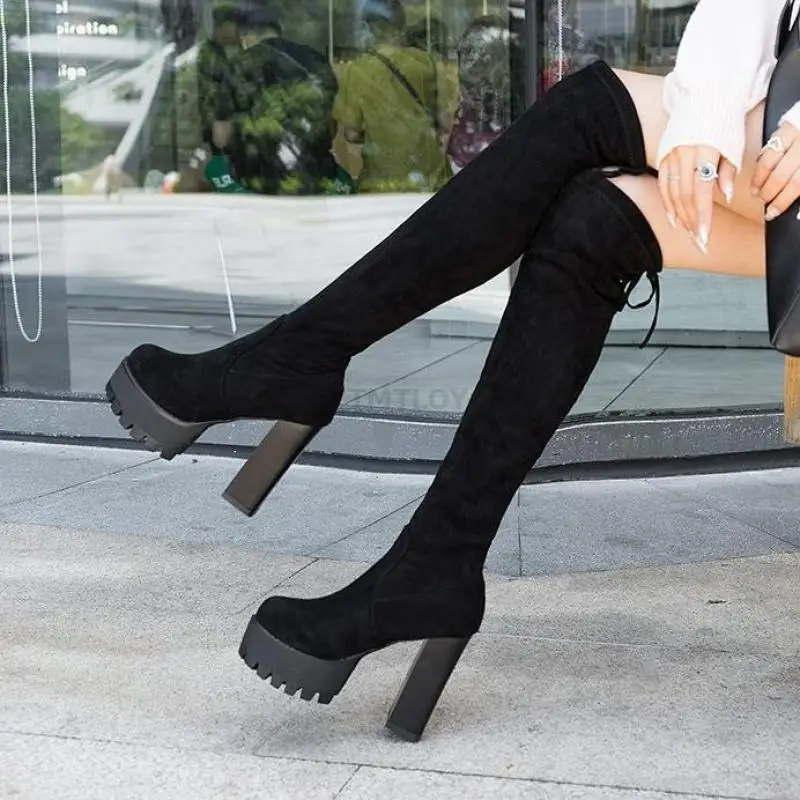 

2021 Winter Sexy Boots Tight Knight Suede Round Toe Combat for Women Warm Slip on Over The Knee