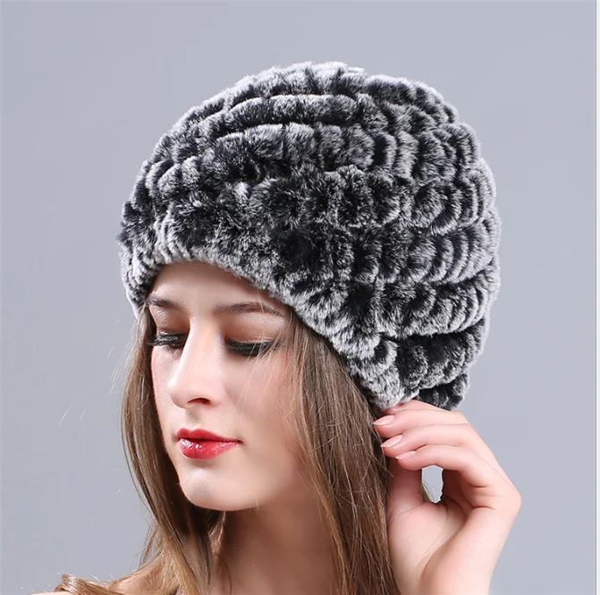 

Women Winter Warm Real Rex Rabbit Furry Hat Snow Cap Winter Hats for Women Girls Real Fur Knit Beanies Natural Fluffy Hat Gray