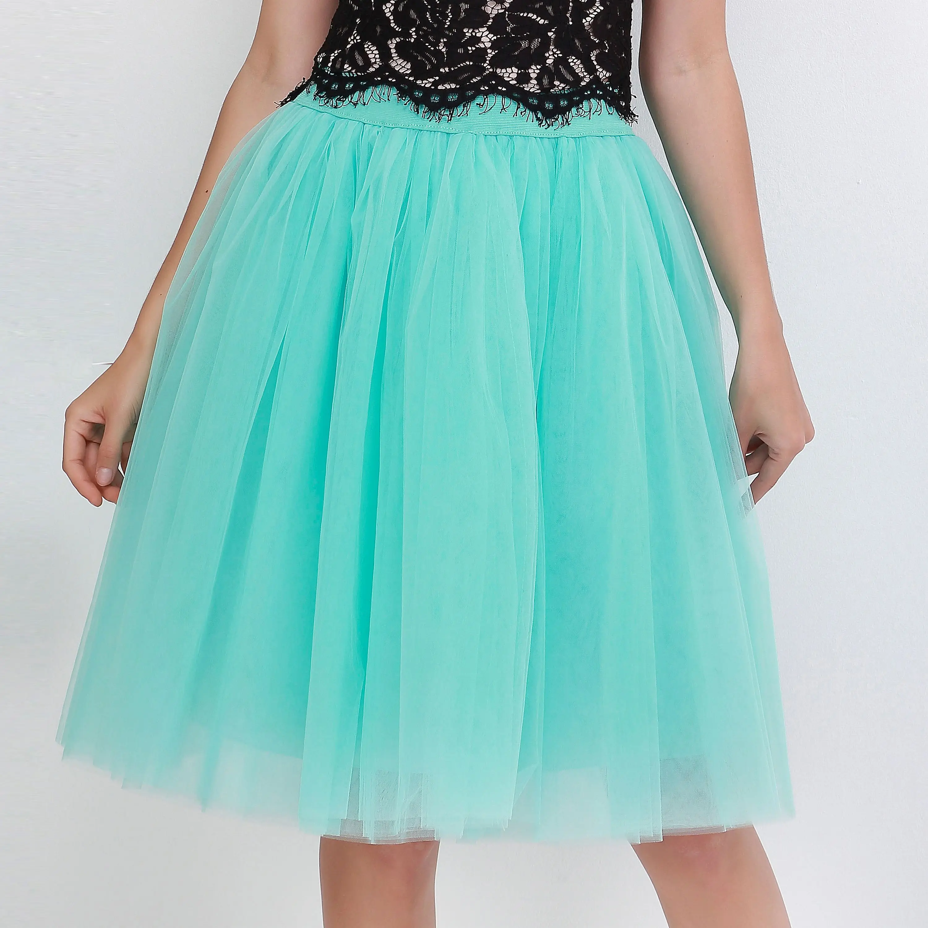 mint green Мода 5 слоев 60 см модные Тюлевая юбка плиссированные юбки для женщин Женская Лолита Нижняя подружек невесты миди юбка куртка faldas Saias femininas - Цвет: mint green