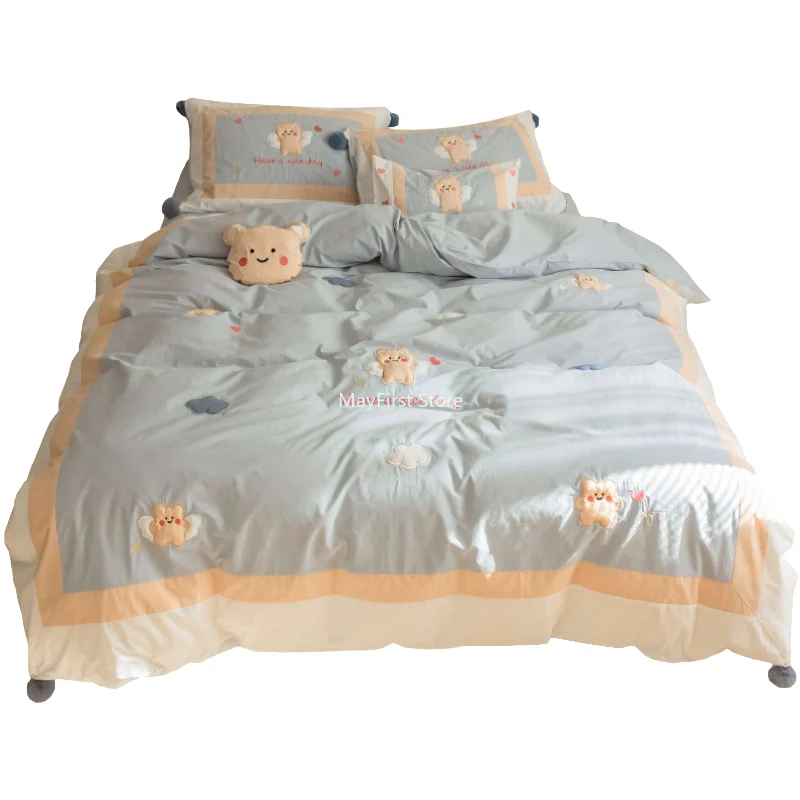

Cute Cartoon Affixed Cloth Embroidered Washed Cotton Four Pieces Pure Cotton All Cotton 100 Bear Quilt Cover Bed Sheet
