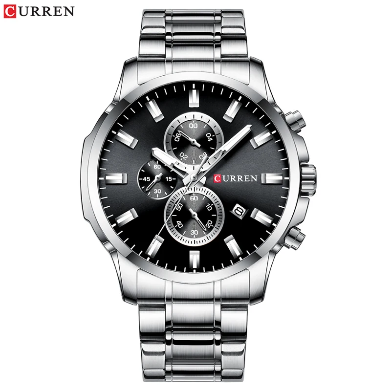 silver black CURREN Модные Повседневные часы мужские кофейные кварцевые часы для мужчин наручные часы из нержавеющей стали ремешок хронограф часы мужские Relogio Masculino - Цвет: silver black