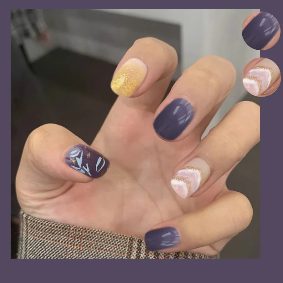 

2021, поддельные гвозди, короткие фиолетовые износостойкие наклейки для ногтей, готовые наклейки для ногтей, 24 наклейки с клеем, бесплатная до...