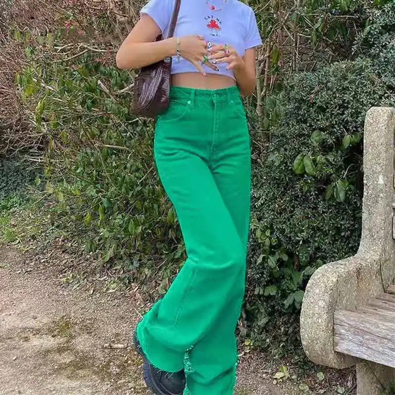 

Pantalones rectos Harajuku para mujer ropa de calle informal holgada de cintura alta vaqueros de pierna ancha verdes Vintage